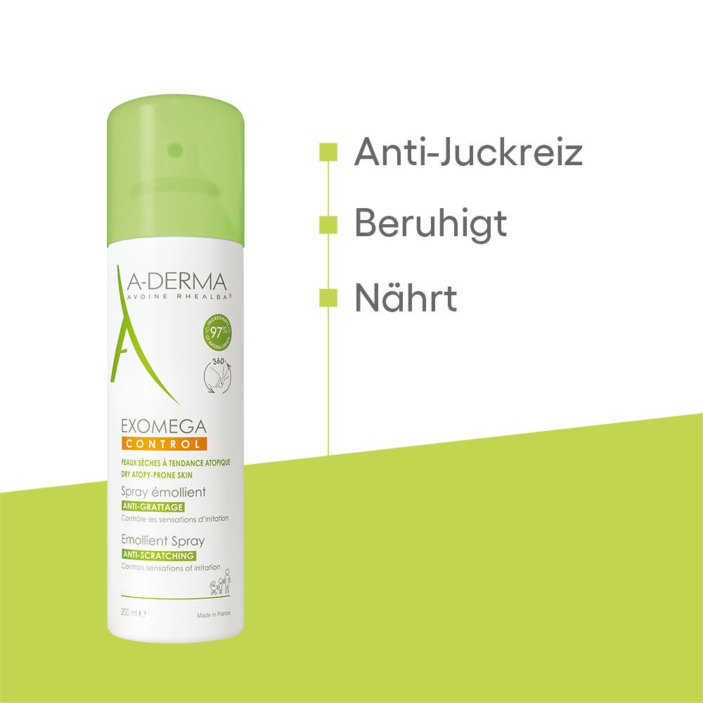 Spray A-DERMA EXOMEGA CONTROL. Testo: Anti-prurito, lenisce, nutre. Sfondo verde.
