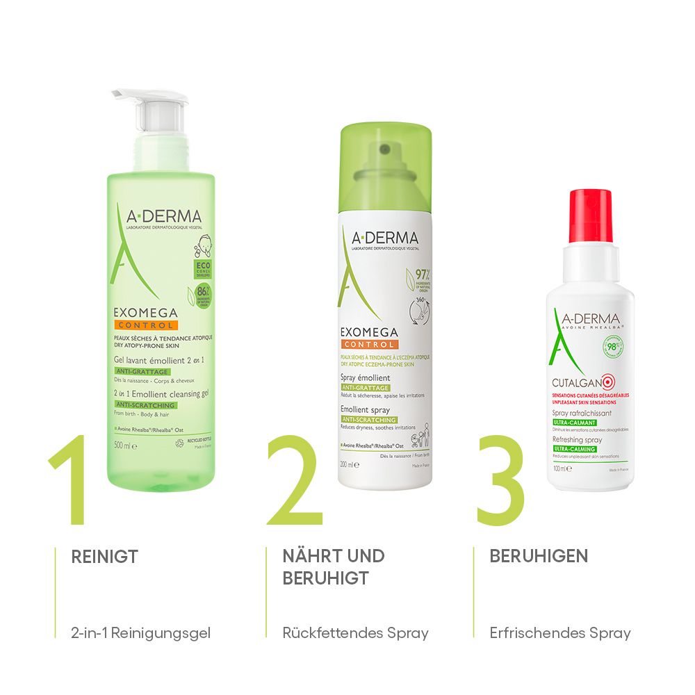 Tre prodotti A-DERMA: gel detergente, spray e spray rinfrescante. Etichette.