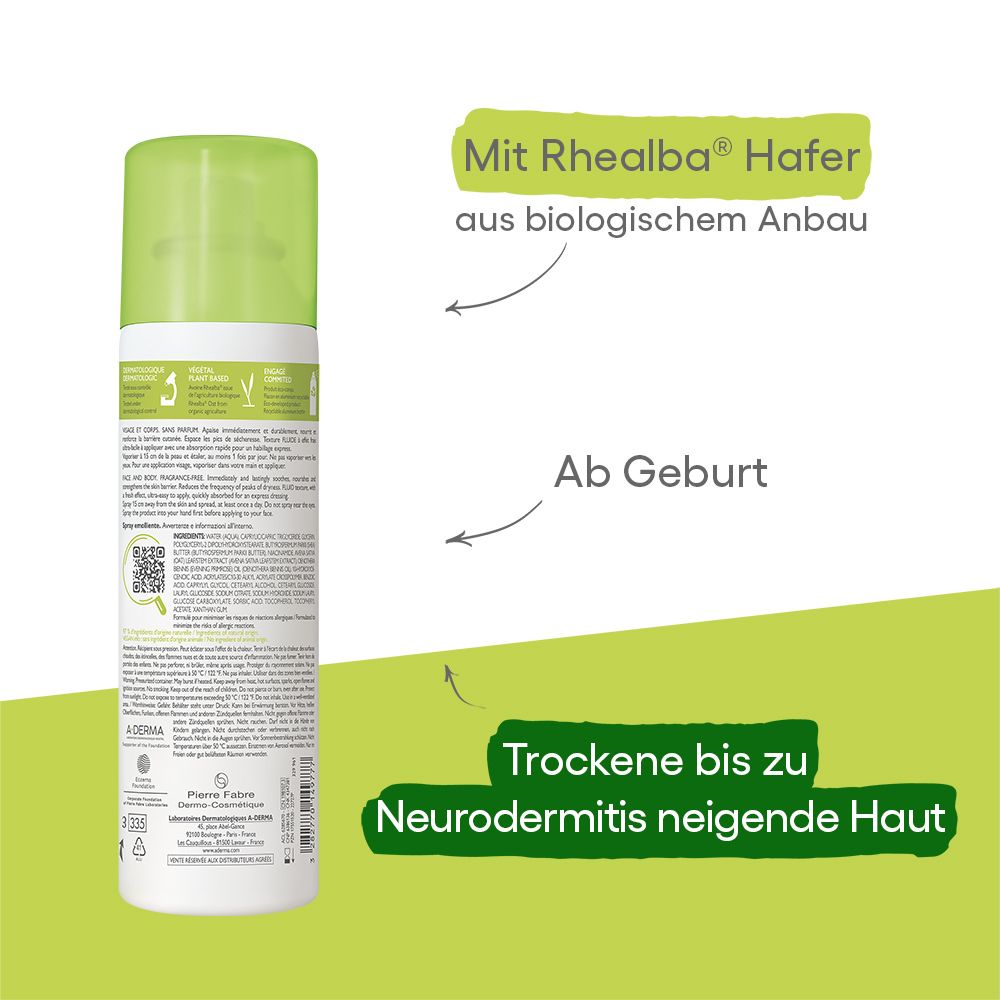 Retro dello spray A-DERMA EXOMEGA CONTROL. Testo e grafiche. Dalla nascita.