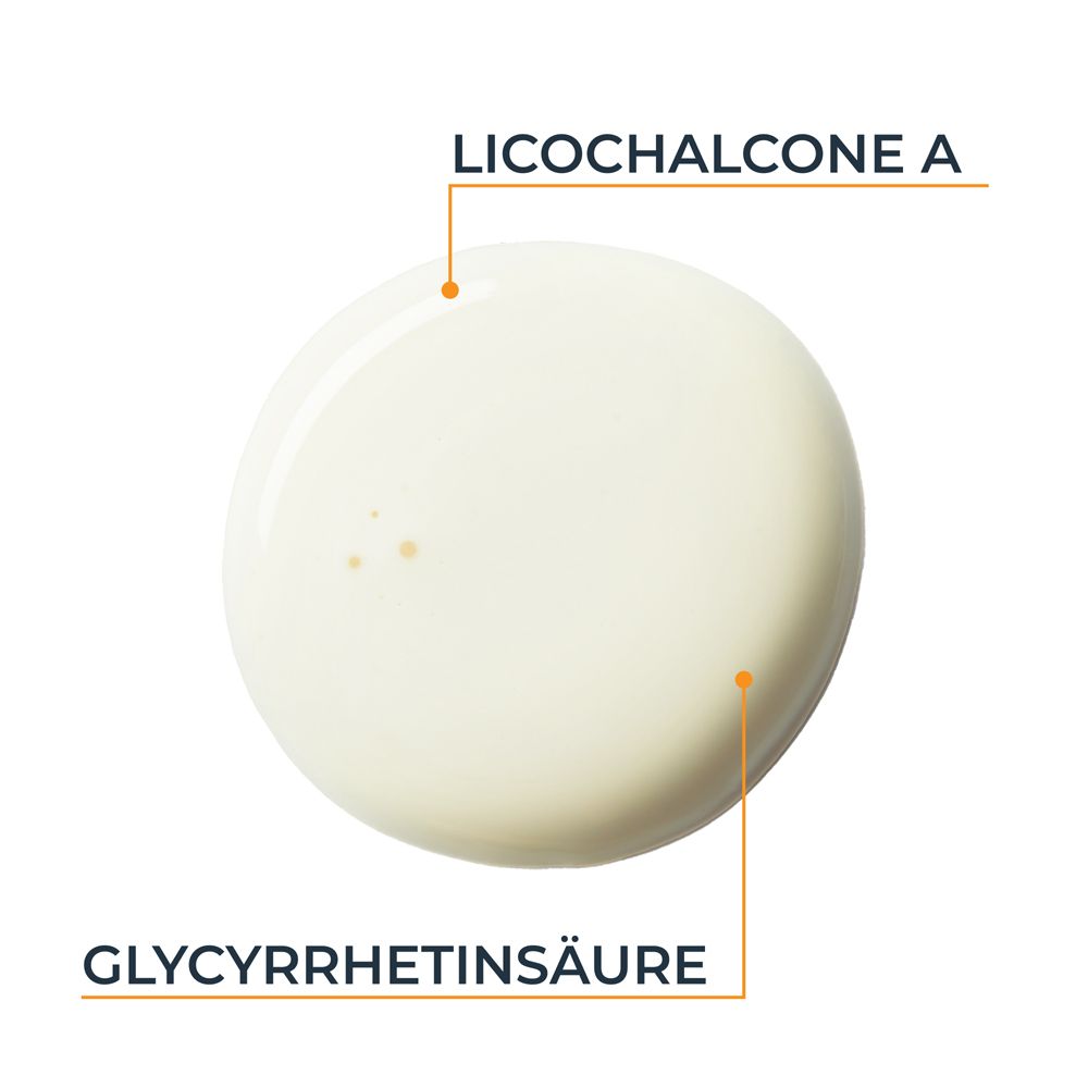 Goccia di crema solare con ingredienti Licochalcone A e Acido Glicirretico.