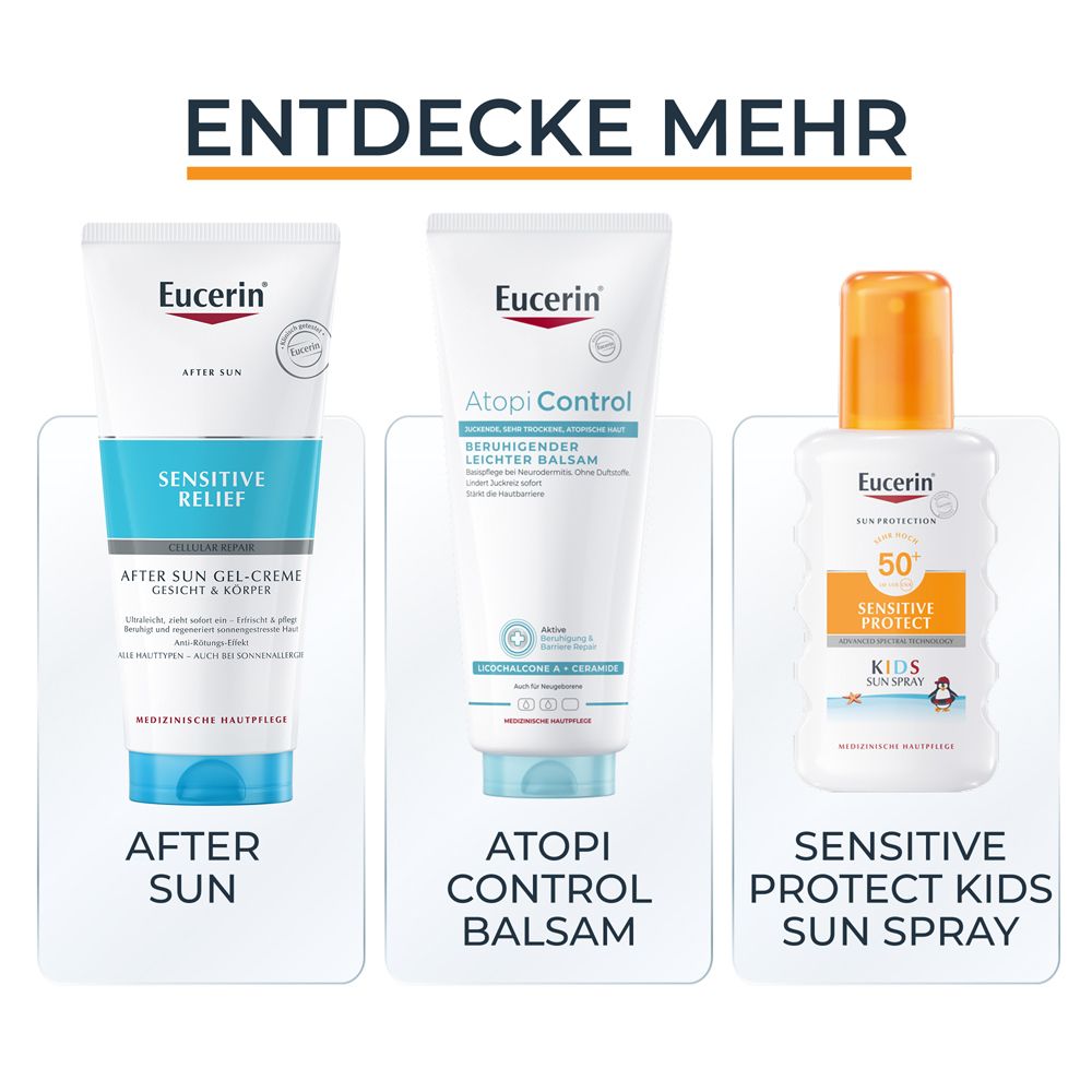 Panoramica prodotti Eucerin: Doposole, Lozione solare per bambini, Spray solare per bambini.