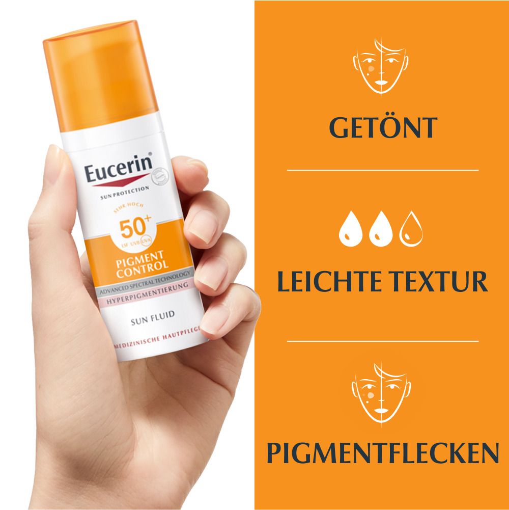 Mano che tiene un tubo. Tinta, texture leggera, macchie pigmentarie. Eucerin Sun Fluid, Pigment Control.