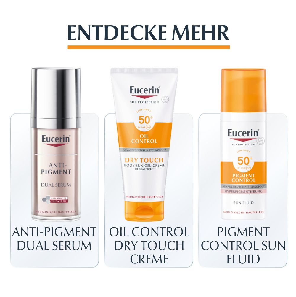 Tre prodotti Eucerin: Anti-Pigment Dual Serum, Oil Control Dry Touch Cream, Pigment Control Sun Fluid.