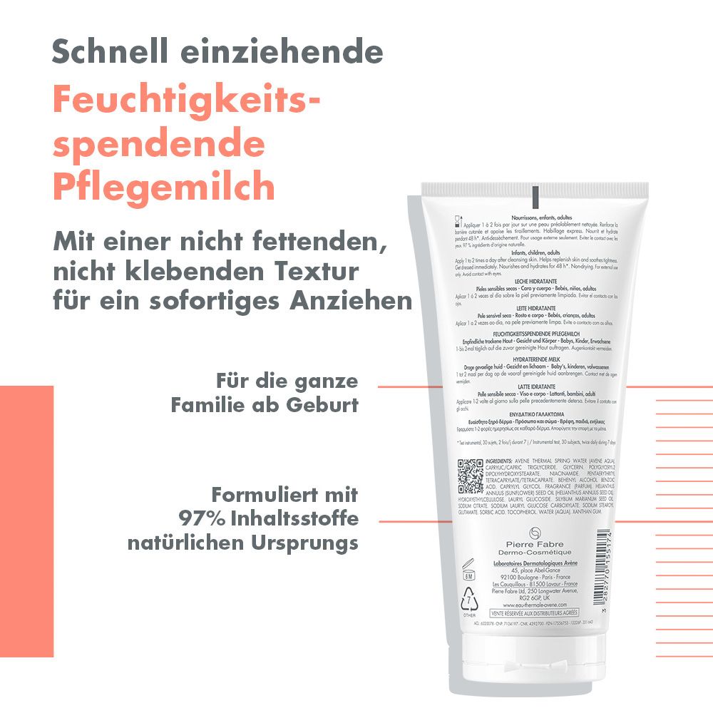 Tubo bianco con testo rosso. Latte idratante per pelli secche. Testo: Nutriente, protettivo. Marca: Avène XeraCalm Nutrition.