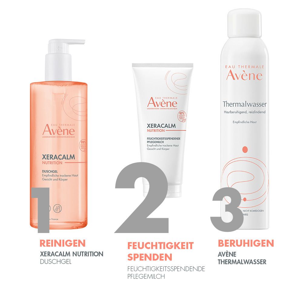 Tre prodotti Avène: 1. XeraCalm Nutrition Gel doccia. 2. Latte idratante. 3. Acqua termale Avène.