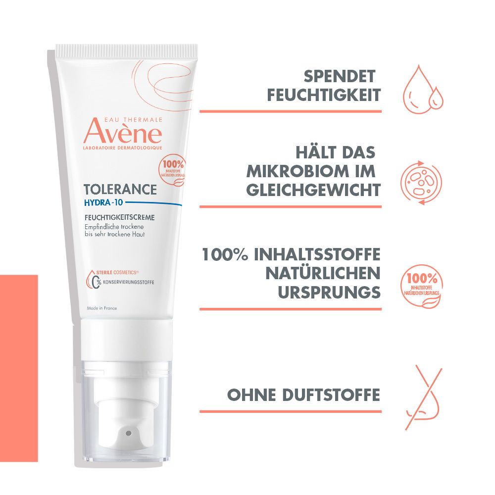 Tubo bianco con testo. Scritta: Avène, Tolérance Hydra-10. Idrata. Ingredienti 100% naturali.