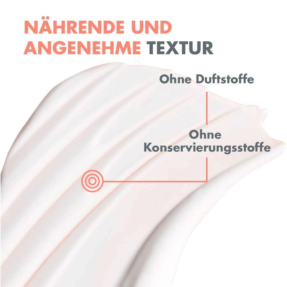 Primo piano crema. Testo: Texture nutriente e piacevole. Senza profumo. Senza conservanti.