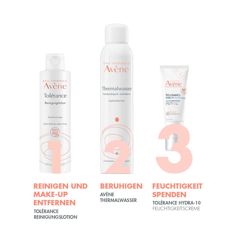 Tre prodotti: lozione detergente, acqua termale, crema idratante. Scritta: Avène. Tolérance.