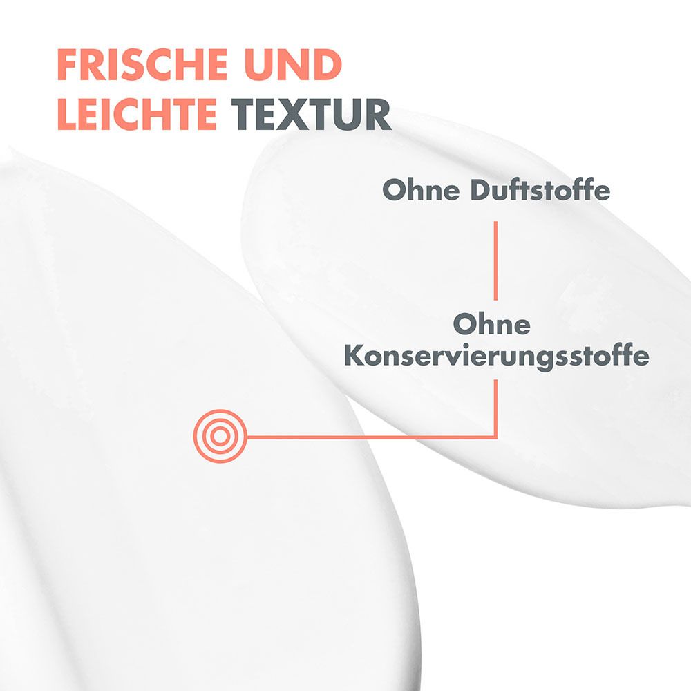 Primo piano della crema. Testo: texture fresca e leggera. Senza profumo, senza conservanti.