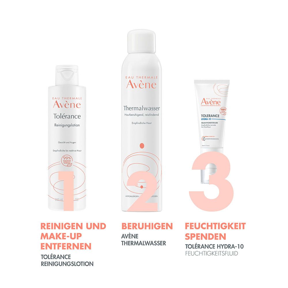 Tre prodotti affiancati. Sinistra: lozione detergente. Centro: acqua termale. Destra: fluido Hydra-10.