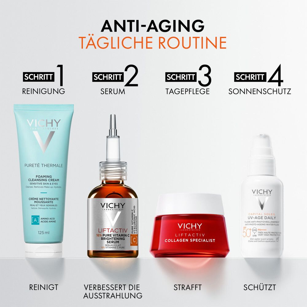 Routine anti-età. Prodotti: Detergente, siero, trattamento giorno, protezione solare. Prodotti Vichy.