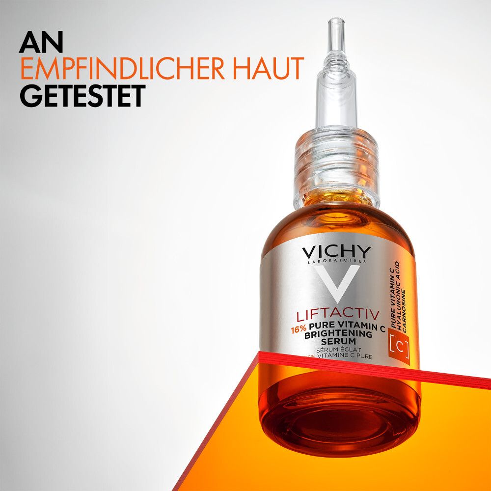 Flacone di siero. Testo: Testato su pelle sensibile. Vichy Liftactiv.