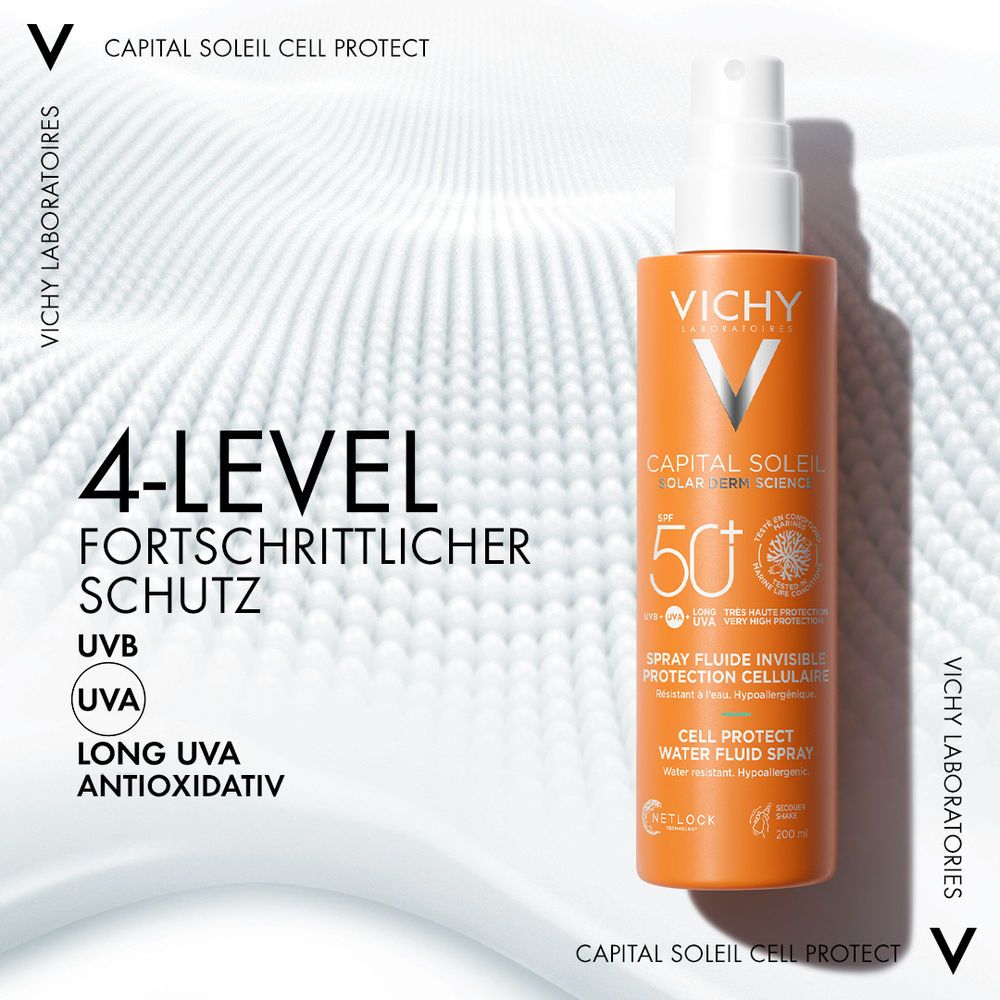 Due prodotti: UV-Age Daily e Cell Protect Spray solare. Testo: Protezione a livello cellulare per il viso.