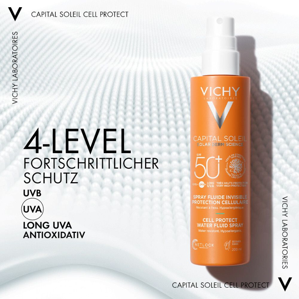 Flacone arancione con vaporizzatore bianco. Testo: Texture Water Fluid. Vichy Capital Soleil Cell Protect.