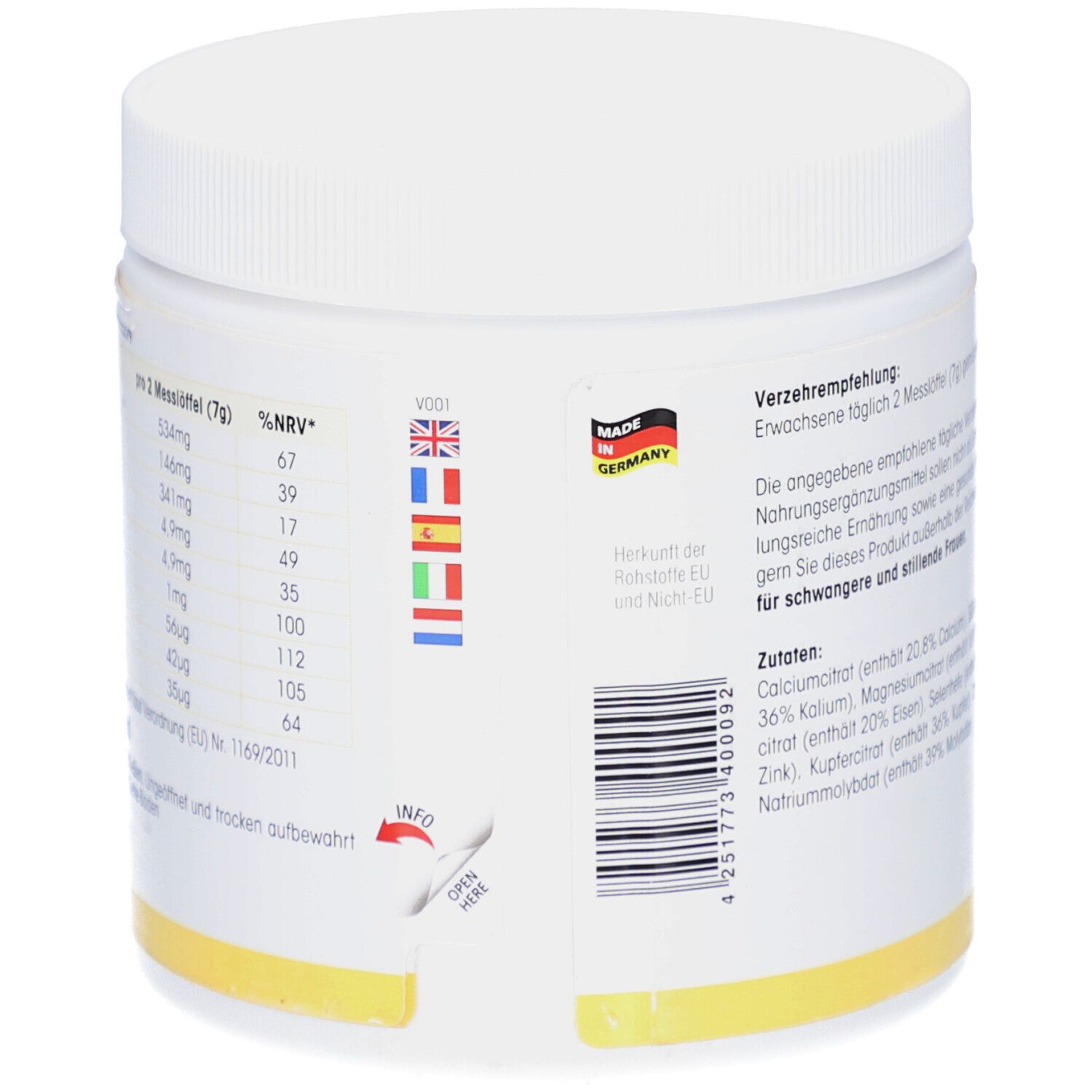 Retro del contenitore di plastica bianca. Contiene informazioni nutrizionali e di produzione in Germania. Con bandiere.