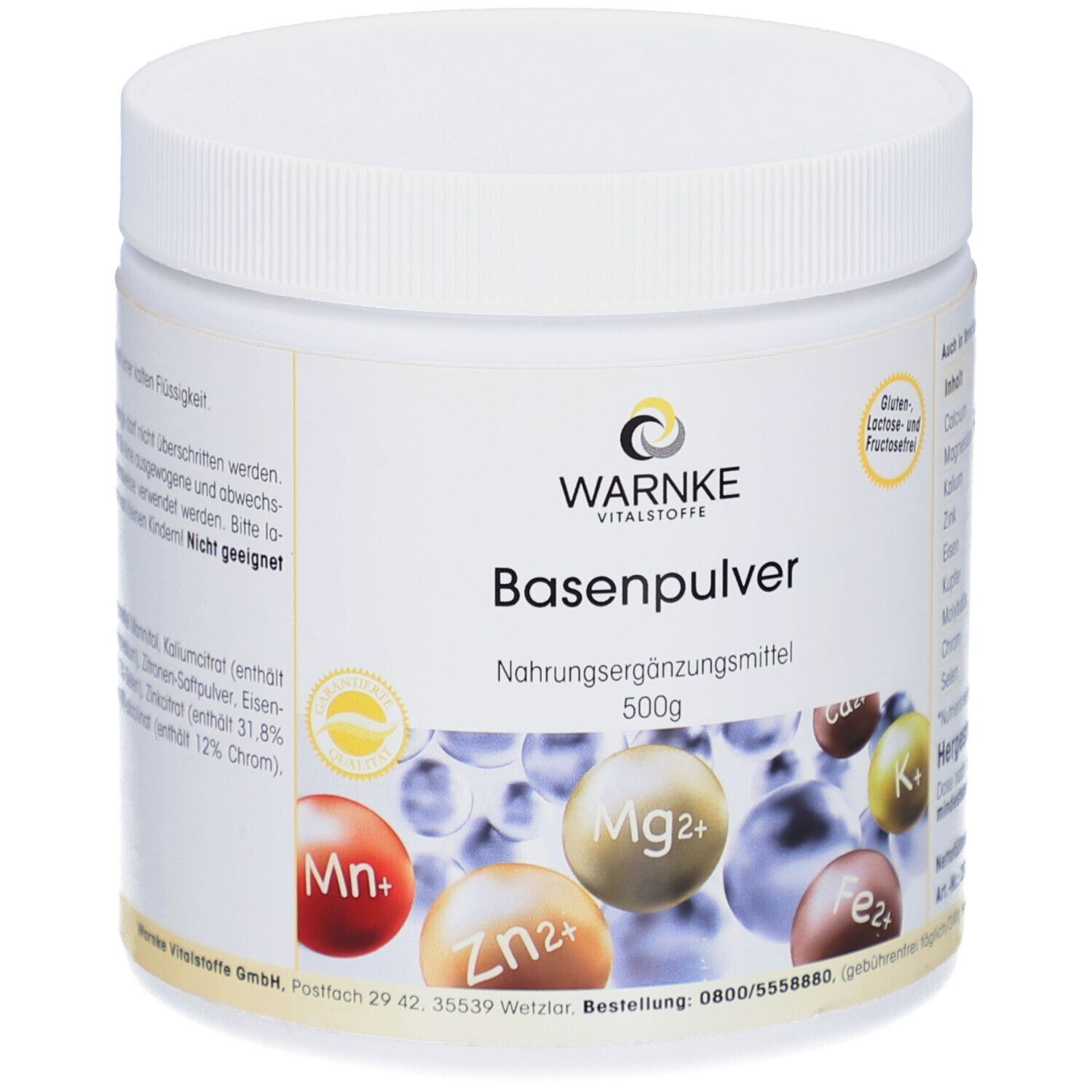 Contenitore di plastica bianca con etichetta gialla. Scritta: Warnke Basenpulver, 500g. Contiene minerali. Senza glutine, lattosio e fruttosio.