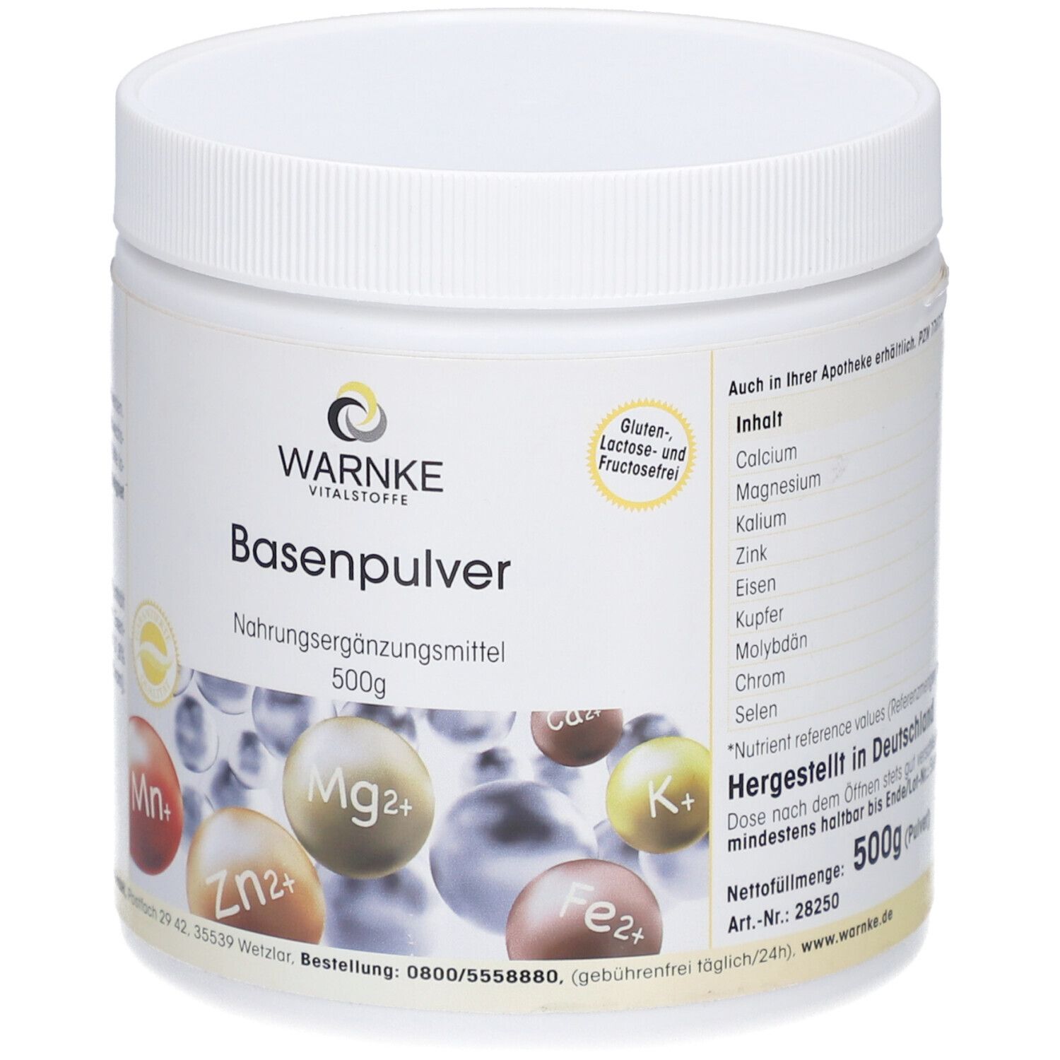 Contenitore di plastica bianca con etichetta gialla. Scritta: Warnke Basenpulver, 500g. Contiene minerali. Senza glutine, lattosio e fruttosio. Prodotto in Germania.