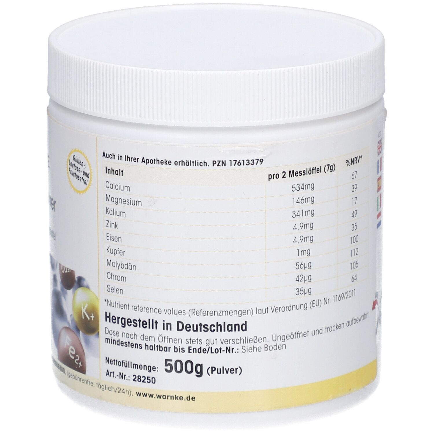Contenitore di plastica bianca con etichetta gialla. Contiene informazioni nutrizionali e di produzione in Germania. Peso netto: 500g.