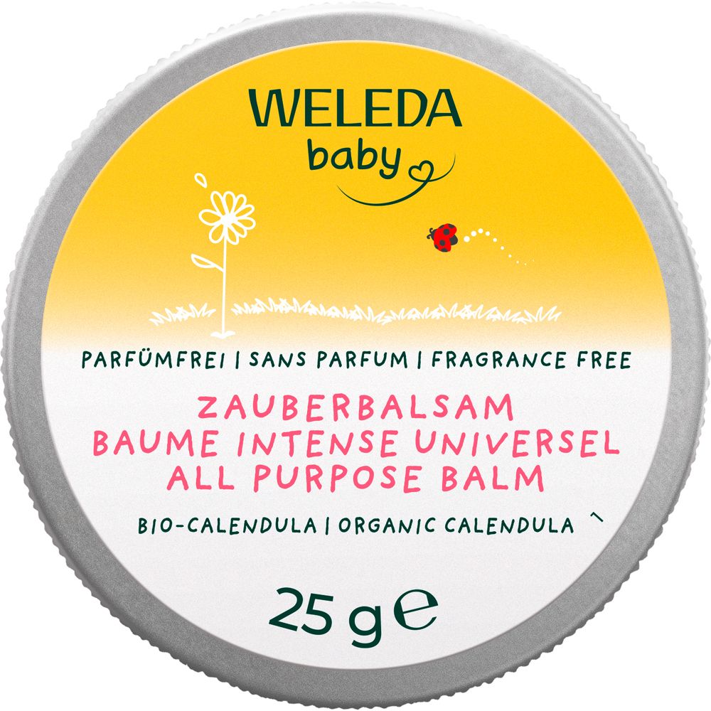 Barattolo Weleda Baby Balsamo universale. Barattolo rotondo con coperchio giallo. Testo: Balsamo universale, Calendula, 25g.