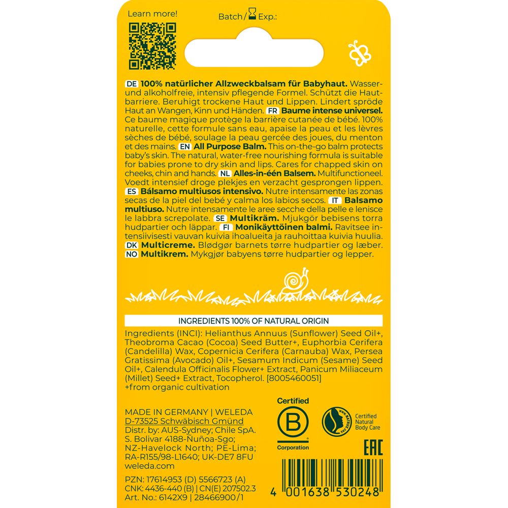 Weleda Baby Balsamo universale. Confezione gialla con prodotto e barattolo. Testo: Balsamo universale, Calendula.