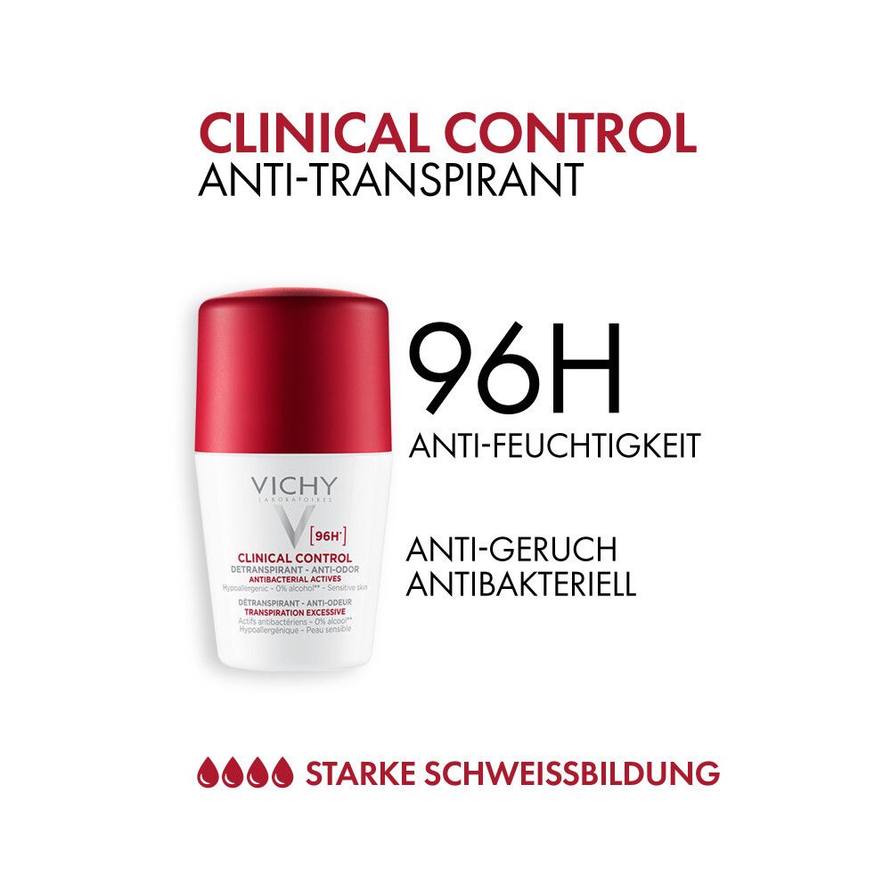 Roll-on anti-traspirante Vichy Clinical Control con tappo rosso.