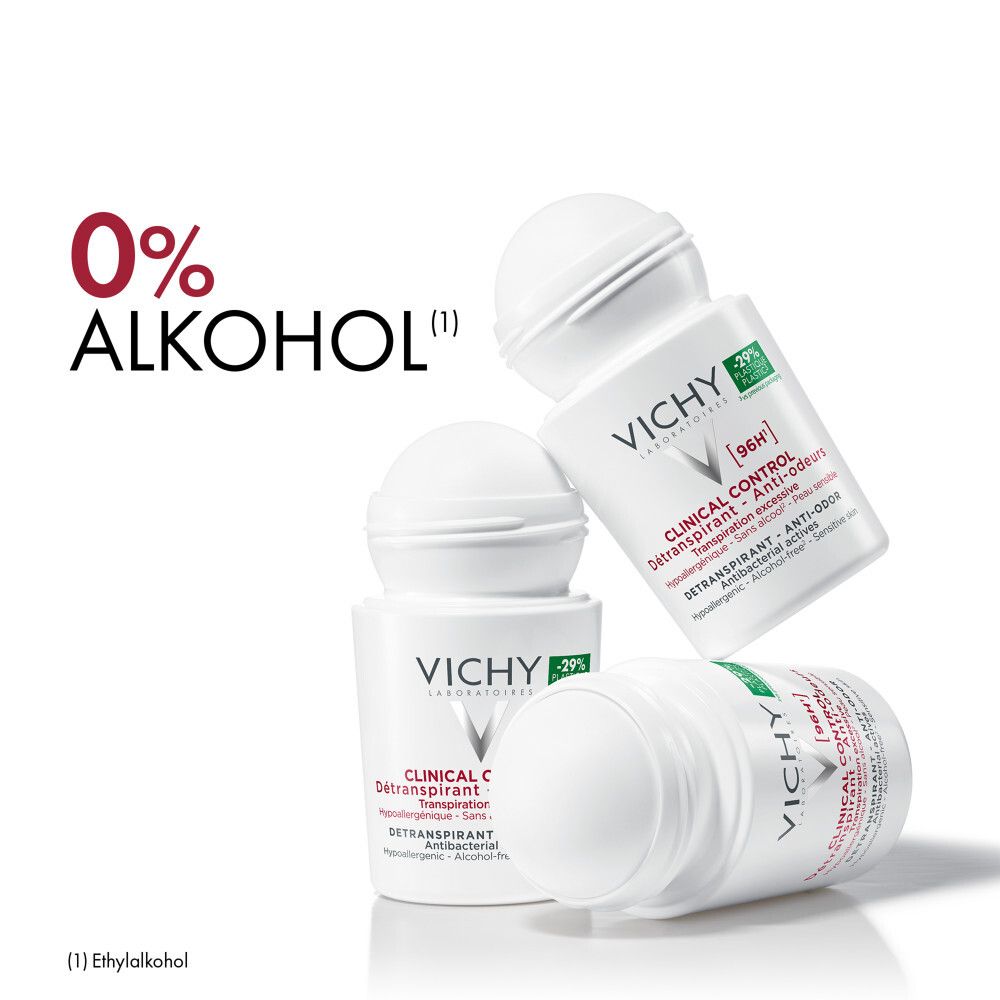 Tre roll-on. Testo: 0% Alcool, Vichy, Clinical Control. Verde: -29% plastica.