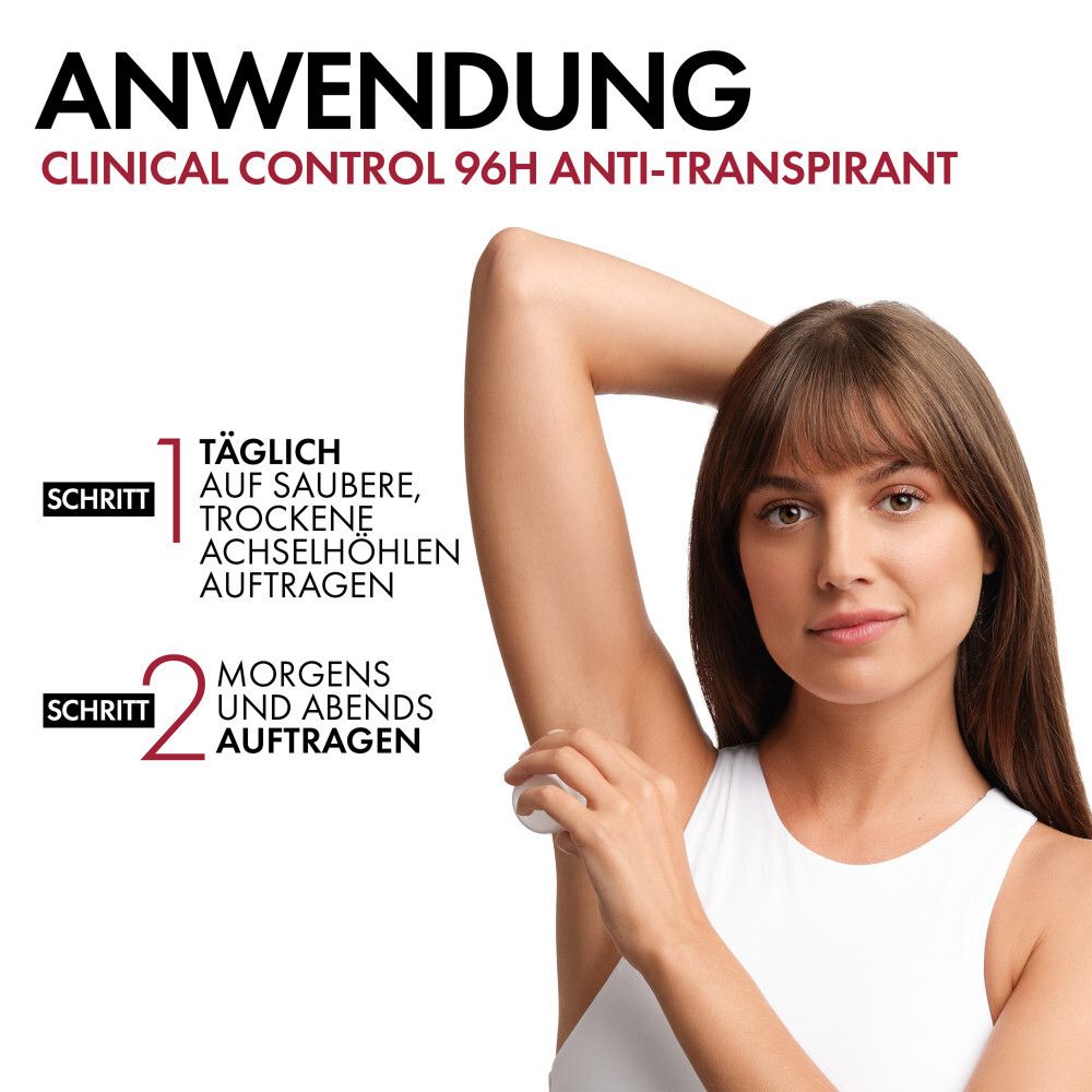 Donna applica il roll-on. Testo: Applicazione, Clinical Control 96H. Passaggi: 1. Applicare quotidianamente. 2. Mattina e sera.