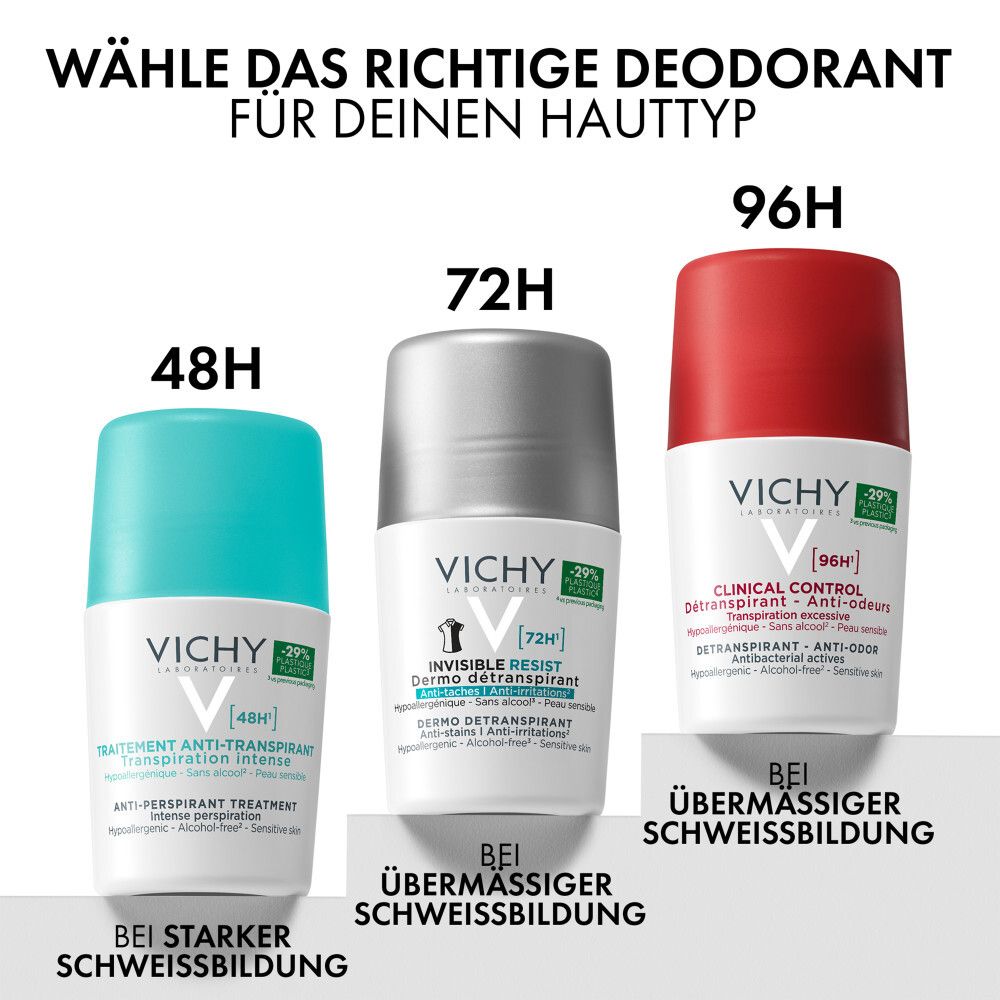 Tre roll-on. Testo: Scegli il deodorante giusto. 48H, 72H, 96H. Vichy, Clinical Control.