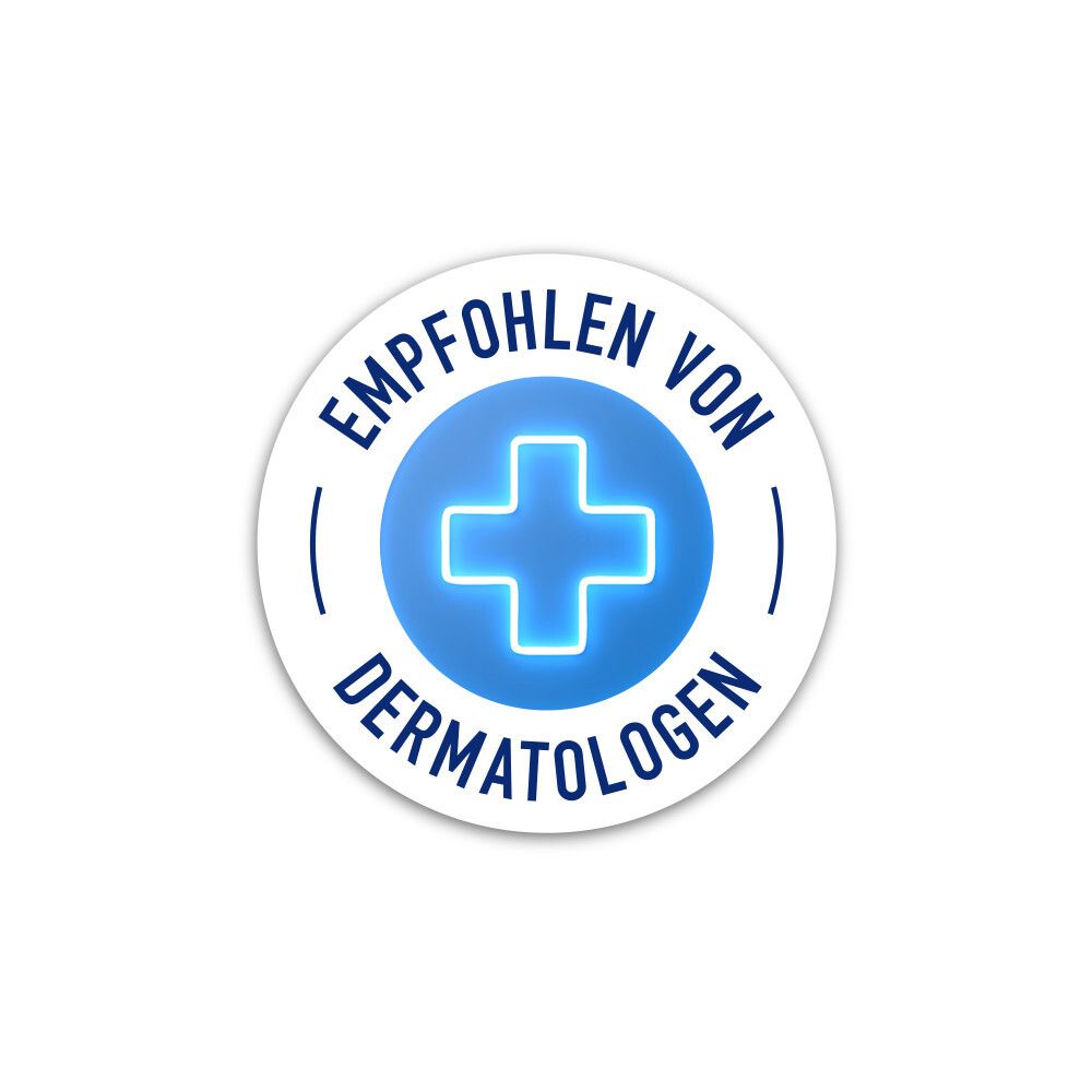 Logo rotondo. Testo: Raccomandato dai dermatologi. Croce blu.