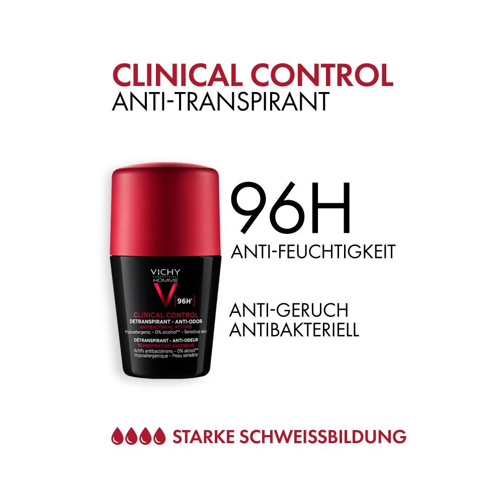 Vichy Homme Clinical Control Deodorante Roller, 96H Anti-umidità, Anti-odore, Antibatterico.