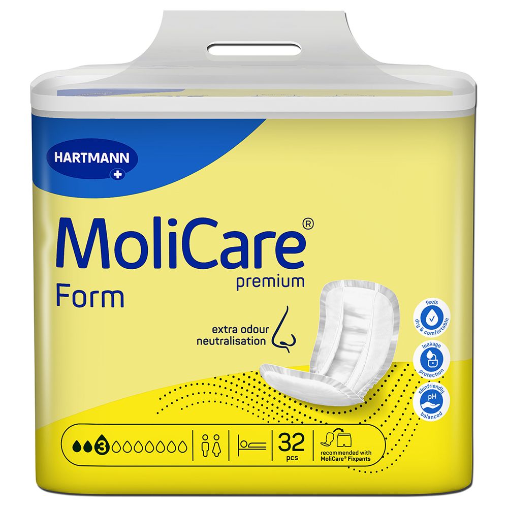 MoliCare Form Premium. Confezione gialla con immagine del prodotto. 32 pezzi. Extra neutralizzazione odori.
