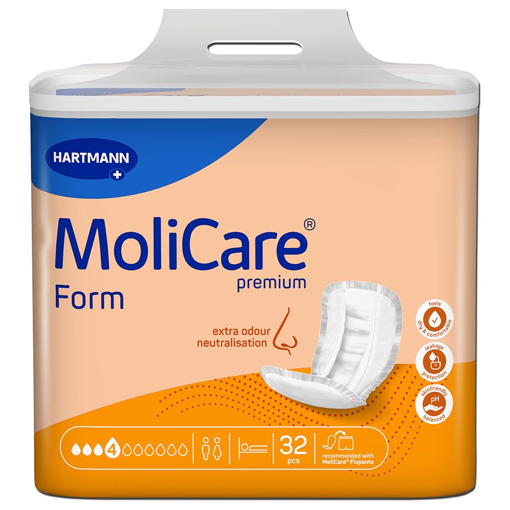 Confezione MoliCare Form. Assorbenti per incontinenza. 4 gocce, 32 pezzi. Indicatore di umidità e retro in tessuto.