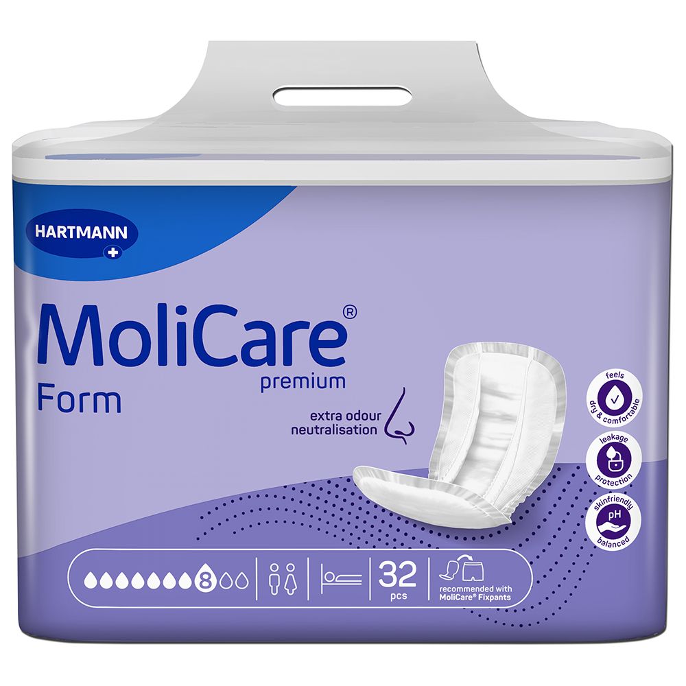 MoliCare Form di Hartmann, 32 pezzi. Extra neutralizzazione odori. Equilibrio pH. Comfort e protezione.
