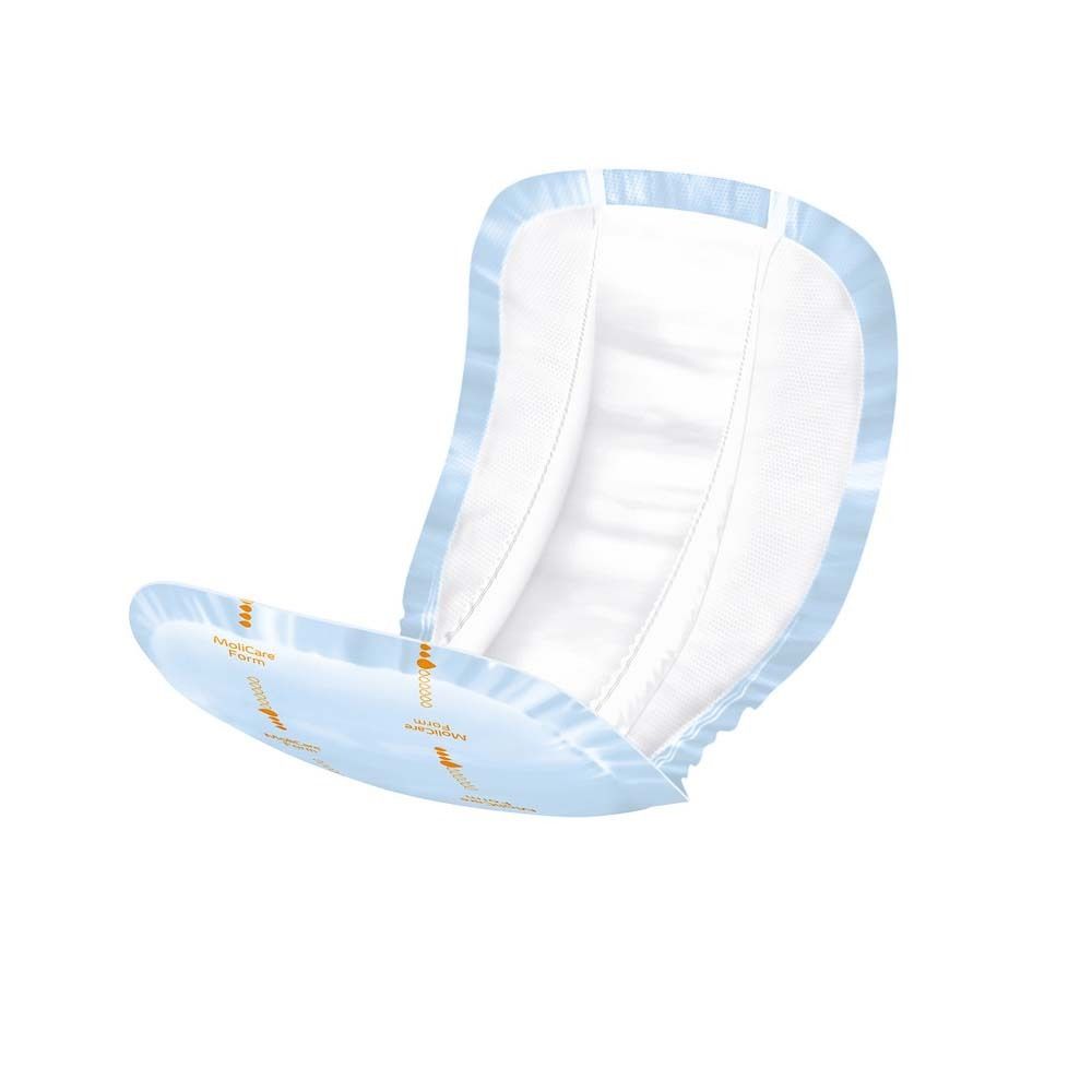 MoliCare Form, azzurro chiaro. Forma anatomica, bordi blu e marcature gialle.