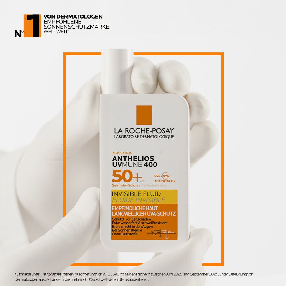 La Roche-Posay Anthelios Invisible Fluid SPF 50+ crema solare raccomandata dai dermatologi.