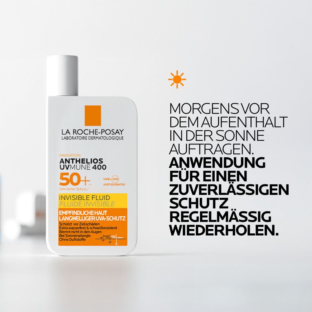 Applicare La Roche-Posay Anthelios Invisible Fluid SPF 50+ al mattino prima dell'esposizione al sole.