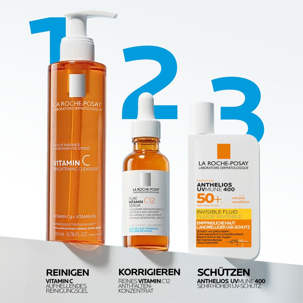 Routine di cura della pelle La Roche-Posay: Detergere, Correggere, Proteggere con Anthelios Invisible Fluid SPF 50+.