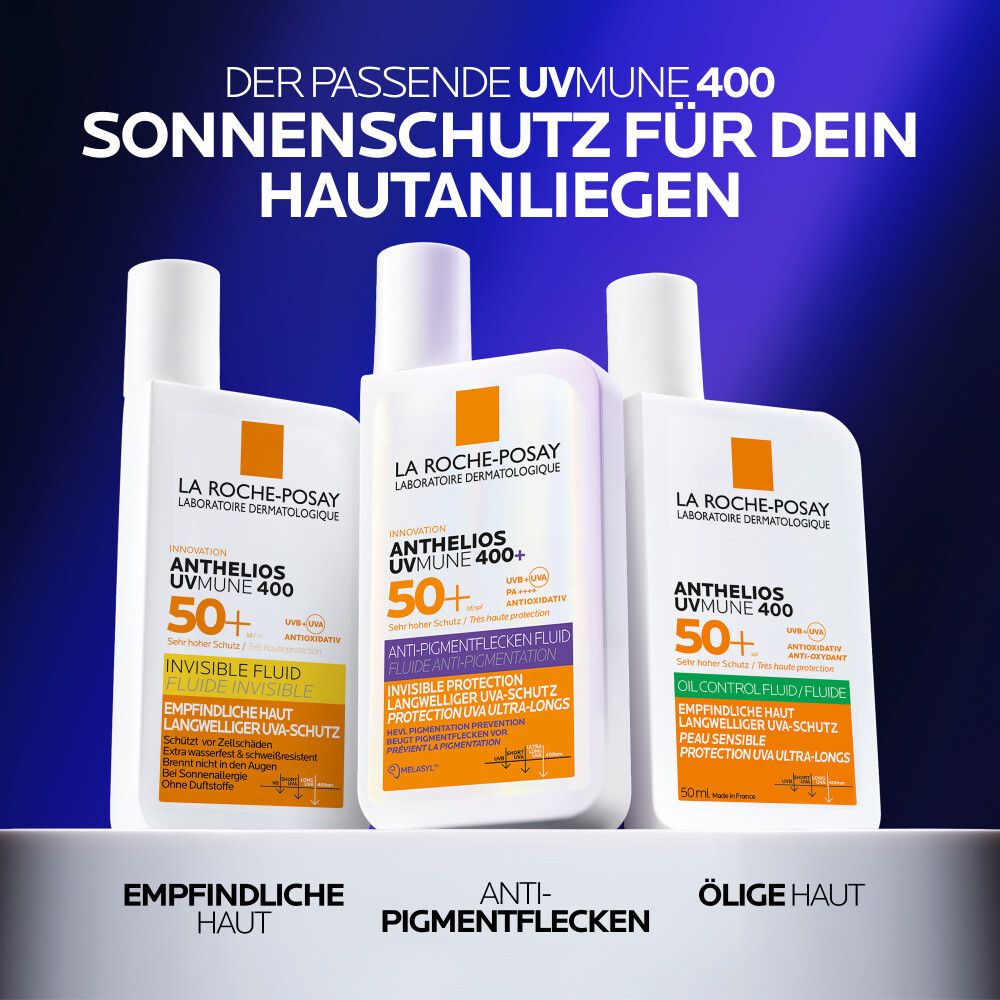 Protezione solare La Roche-Posay Anthelios UVMune 400 per pelli sensibili, con macchie e grasse.