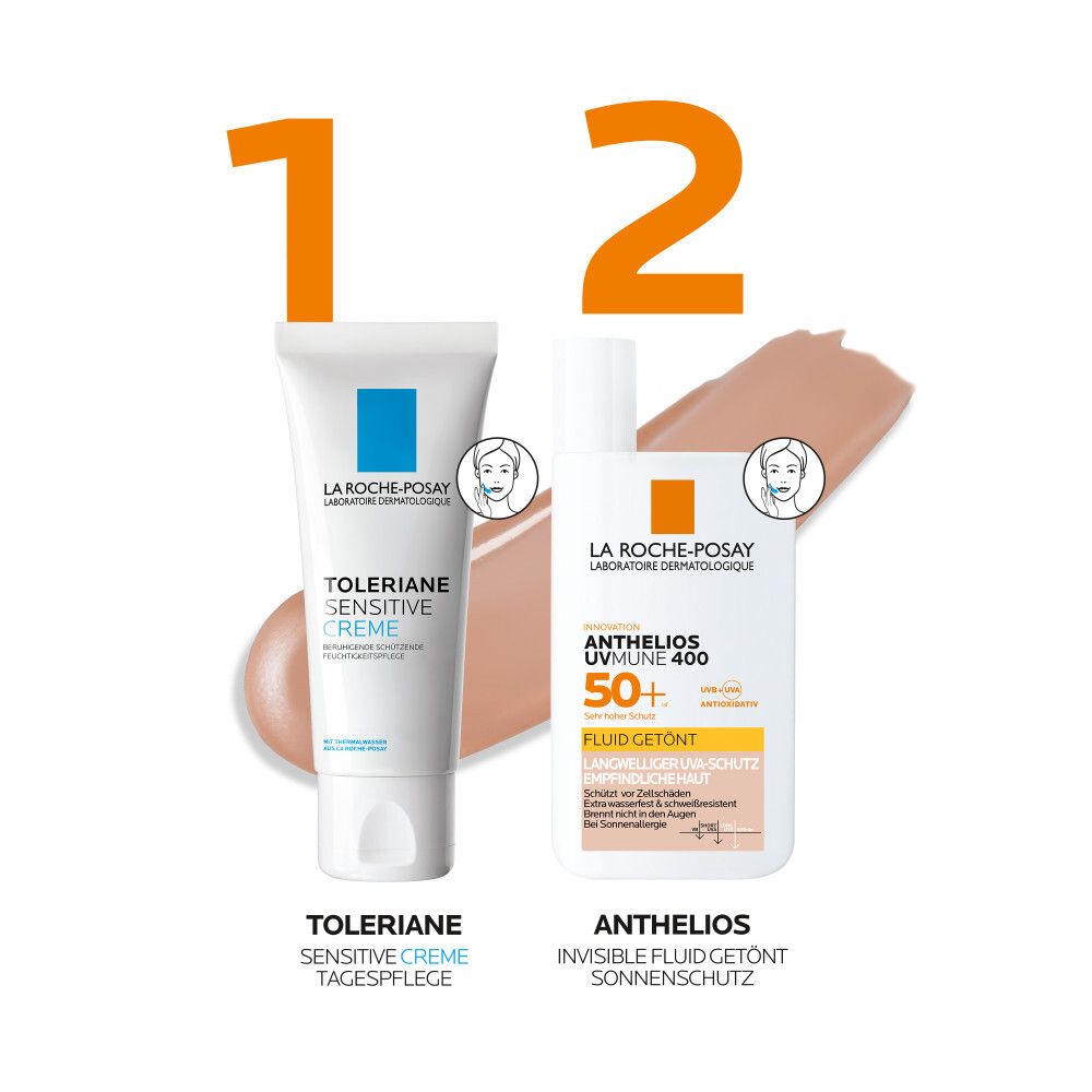 Prodotti La Roche-Posay: Toleriane Sensitive Crema e Anthelios Invisible Fluido colorato.