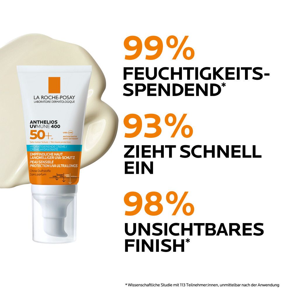 Testo: 99% idratante, 93% rapido assorbimento, 98% finish invisibile. Prodotto La Roche-Posay Anthelios UVMune 400.