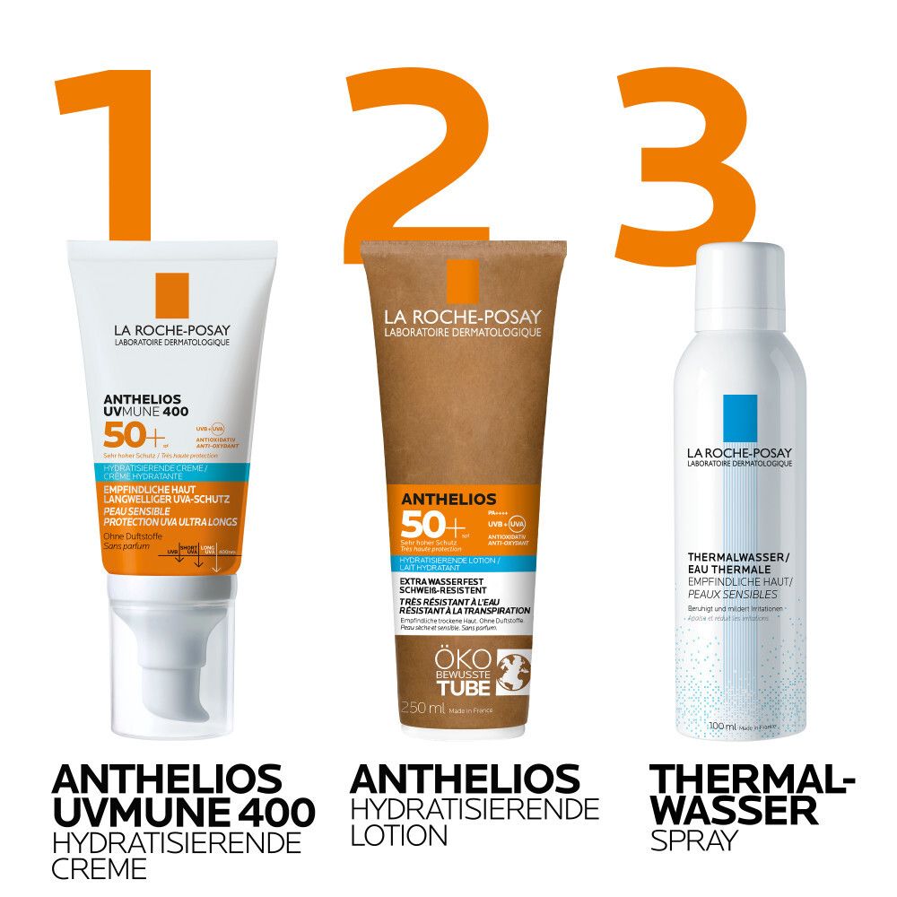 Tre prodotti: Crema Anthelios UVMune 400, Lozione idratante Anthelios, Spray Acqua Termale. Disposizione numerata.
