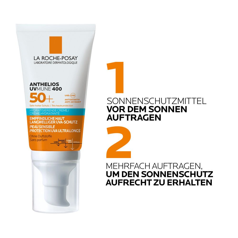 Tubo La Roche-Posay Anthelios UVMune 400. Testo: Applicare prima dell'esposizione. Riapplicare.
