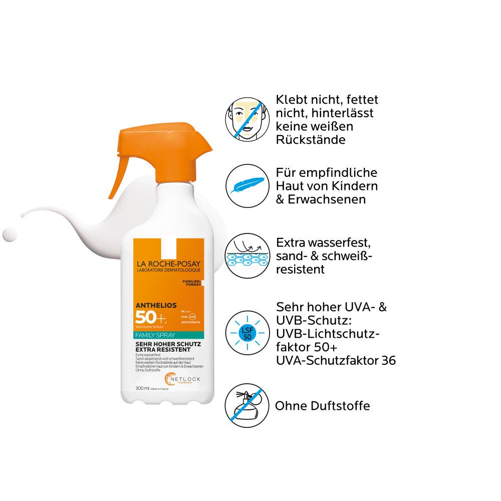 Spray La Roche-Posay Anthelios 50+. Flacone bianco con erogatore arancione. Testo e pittogrammi.