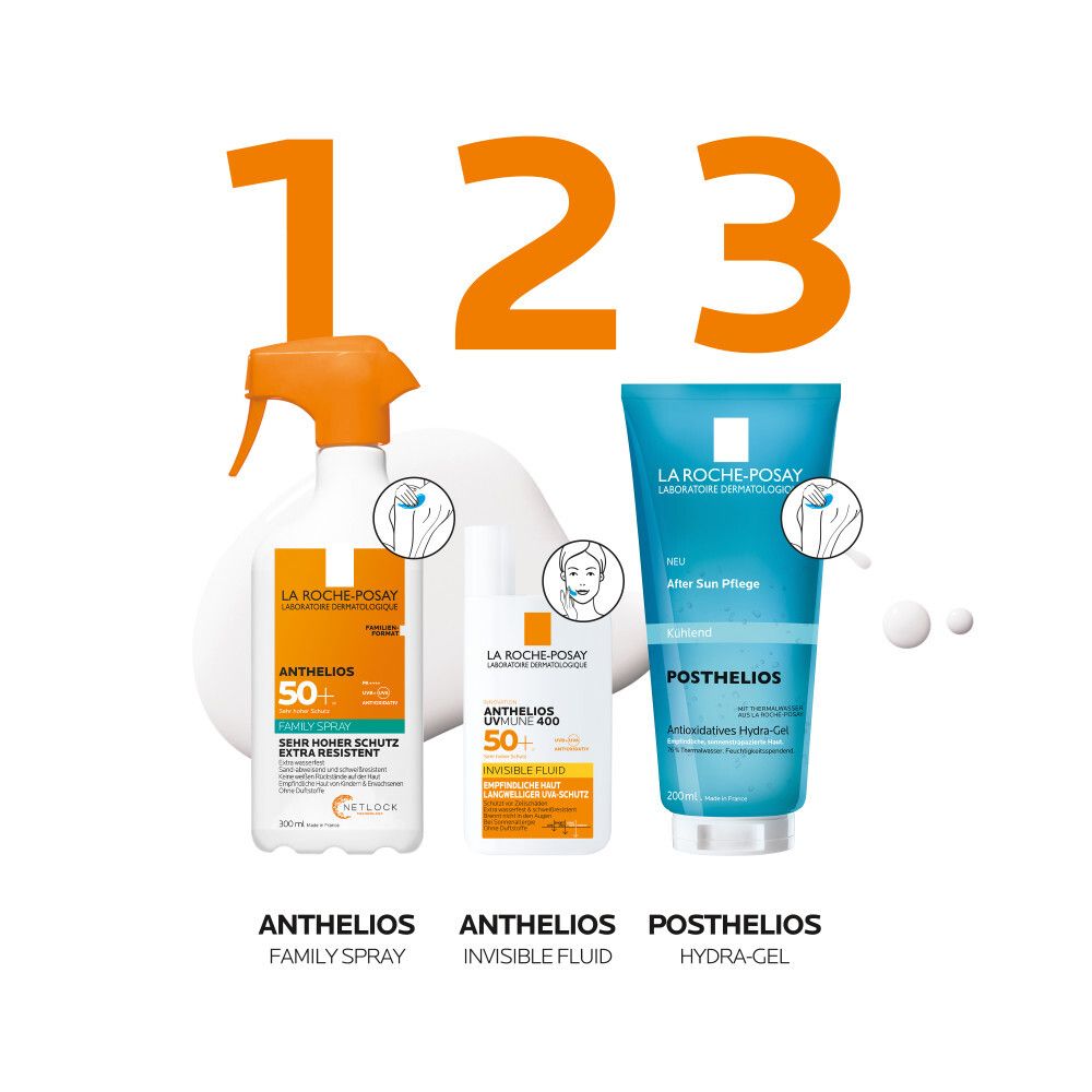 Tre prodotti: Anthelios Family Spray, Invisible Fluid e Posthelios Hydra-Gel. Disposizione numerata.