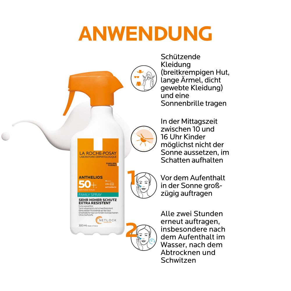 Spray La Roche-Posay Anthelios 50+. Flacone bianco con erogatore arancione. Istruzioni per l'uso.