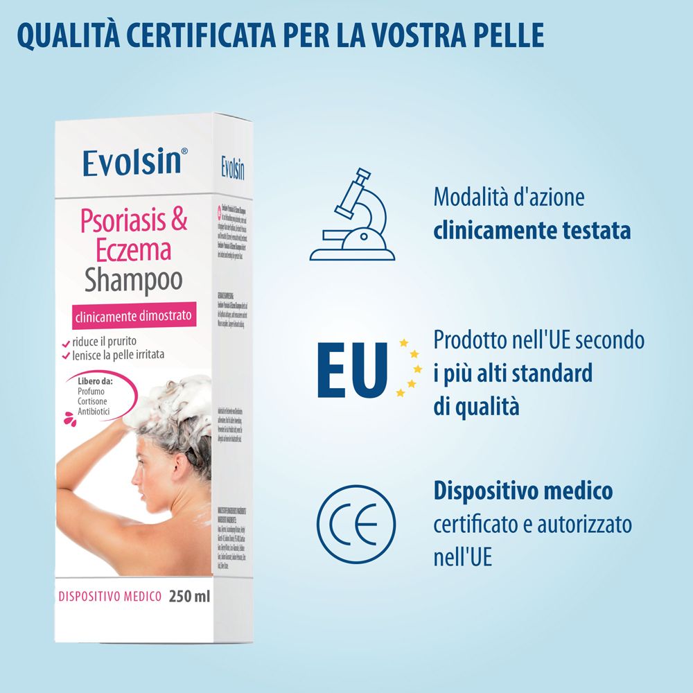 Confezione shampoo Evolsin. Certificazione UE. Marchio CE. Efficacia clinicamente testata. Dispositivo medico.