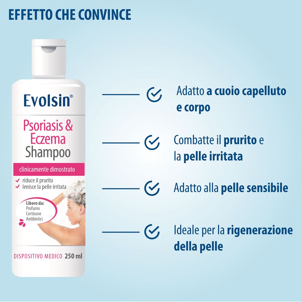 Flacone shampoo Evolsin. Adatto a cuoio capelluto e corpo. Combatte il prurito. Per pelli sensibili. Rigenera la pelle.