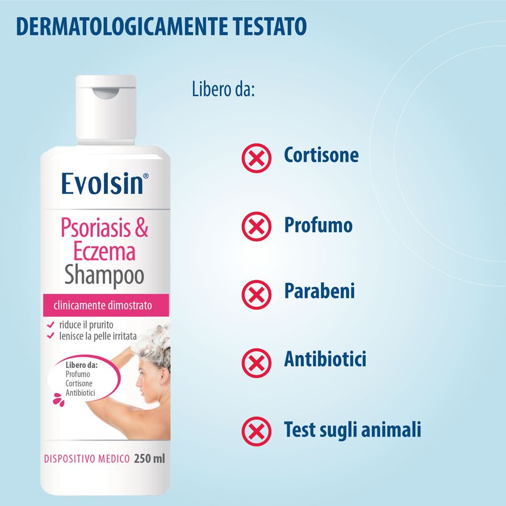 Flacone shampoo Evolsin. Dermatologicamente testato. Senza cortisone, profumo, parabeni, antibiotici, test sugli animali.