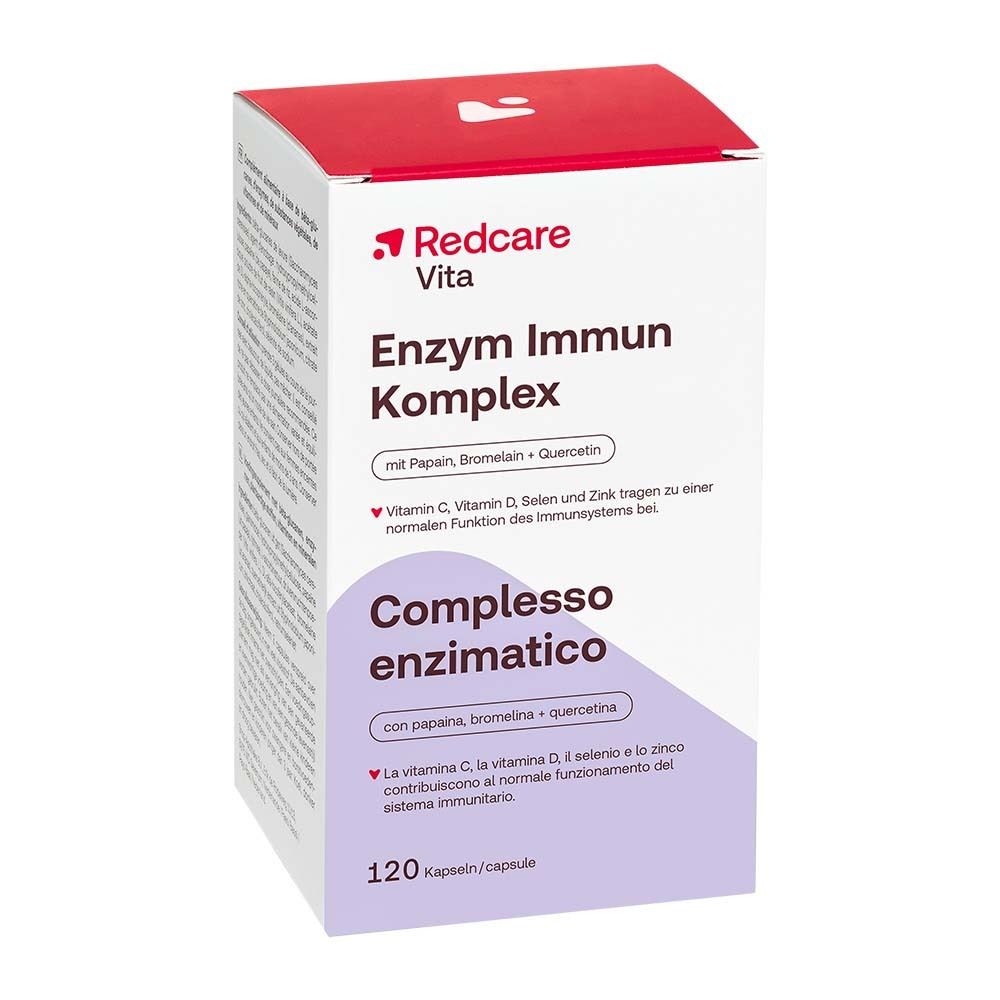 Scatola di Redcare Vita Enzym Immun Komplex. Contiene 120 capsule. Scritta: Vitamina C, D, selenio e zinco.