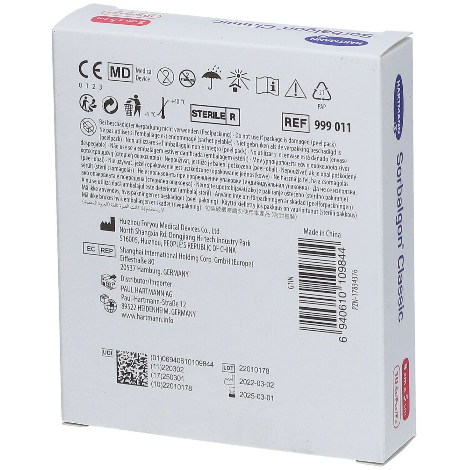 Retro confezione Hartmann Sorbalgon® Classic. Marchio dispositivo medico, numero di lotto, informazioni produttore.